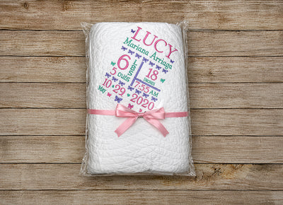 Baby Crib Quilt with Butterfly Embroidery & Birth Stats Gift