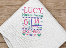Baby Crib Quilt with Butterfly Embroidery & Birth Stats Gift
