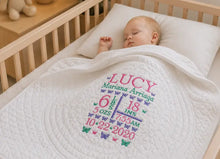 Baby Crib Quilt with Butterfly Embroidery & Birth Stats Gift