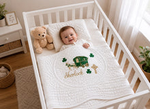 White Baby Quilt with Shamrock Monogram for Irish Baptism Gift (Copy)