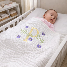 First birthday present girl baby white quilt, embroidered flowers blanket