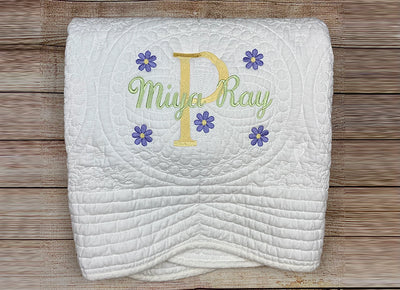 Baby Girl First Birthday Gift Quilt with Floral Embroidery