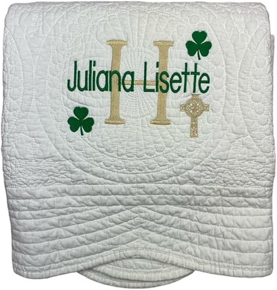 Personalized Baby White Quilt Irish Baptism Gifts Green Shamrock Monogrammed Blanket for Kids baby blankets embroidered baby gifts soft for toddler girl or boy Crib size