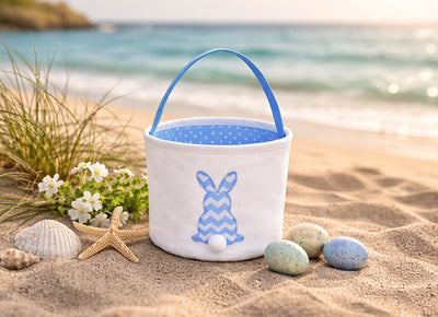 Personalized Easter Basket for Kids, Embroidered Basket for Girls and Boys Toddler Gift Bags Baby Soft Basket (Blue Chevron Bunny)