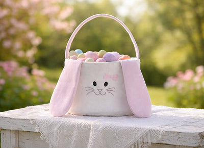 Personalized Easter Basket for Kids, Embroidered Basket for Girls and Boys Toddler Gift Bags Baby Soft Basket (Light Pink Ears)