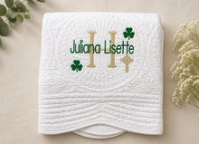 White Baby Quilt with Shamrock Monogram for Irish Baptism Gift