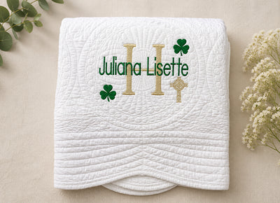 White Baby Quilt with Shamrock Monogram for Irish Baptism Gift
