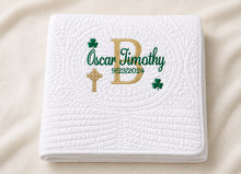 White Baby Quilt with Shamrock Monogram for Irish Baptism Gift
