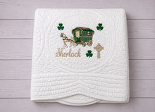 White Baby Quilt with Shamrock Monogram for Irish Baptism Gift