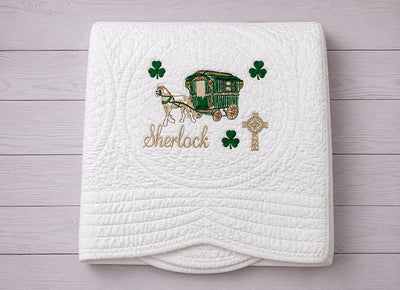 White Baby Quilt with Shamrock Monogram for Irish Baptism Gift (Copy)