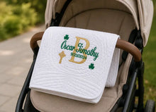 White Baby Quilt with Shamrock Monogram for Irish Baptism Gift