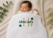 White Baby Quilt with Shamrock Monogram for Irish Baptism Gift