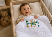 Baby Quilt with Shamrock Monogram for Irish Baptism Gift