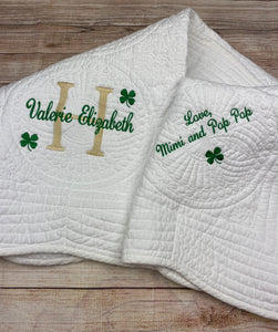 Irish baptism christening embroidered baby blanket, godson, gift for goddaughter, personalized, green shamrock