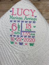 Monogrammed Quilt for Nursery, Birth Stats Embroidery, Butterfly and Bows Embroidery.