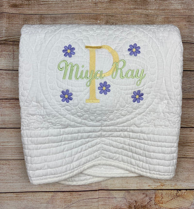 First birthday present girl baby white quilt, embroidered flowers blanket